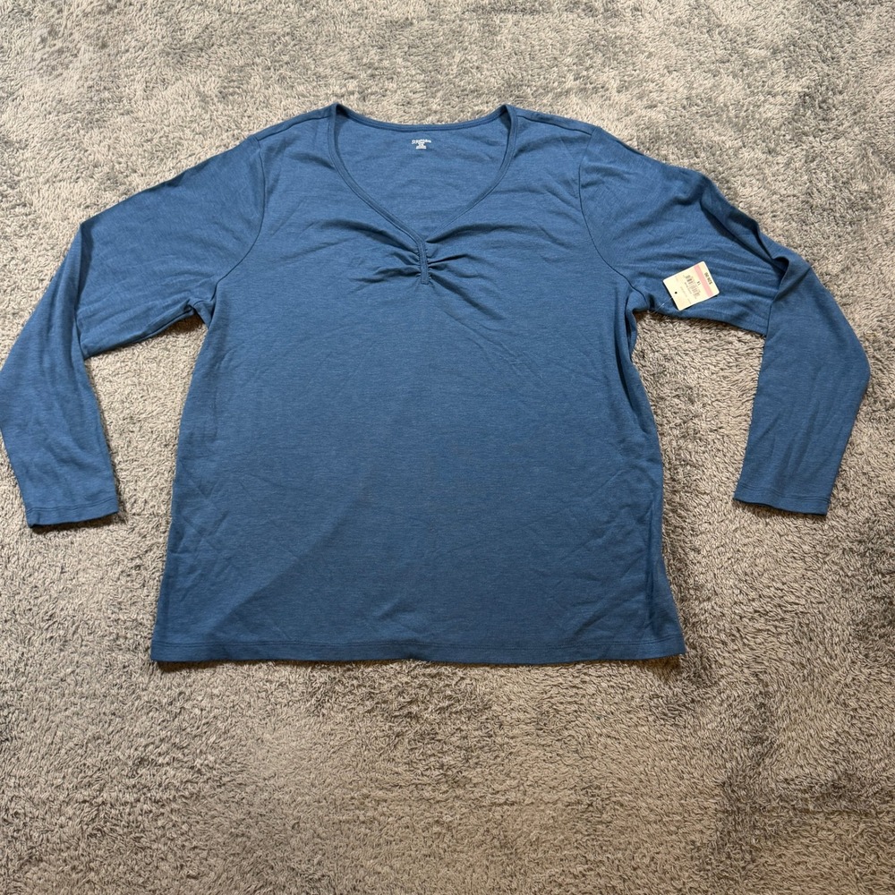 St John's Bay 1X Top NWT Womens Plus Blue Ruched V-Neck 3/4 Sleeve Cotton Blend